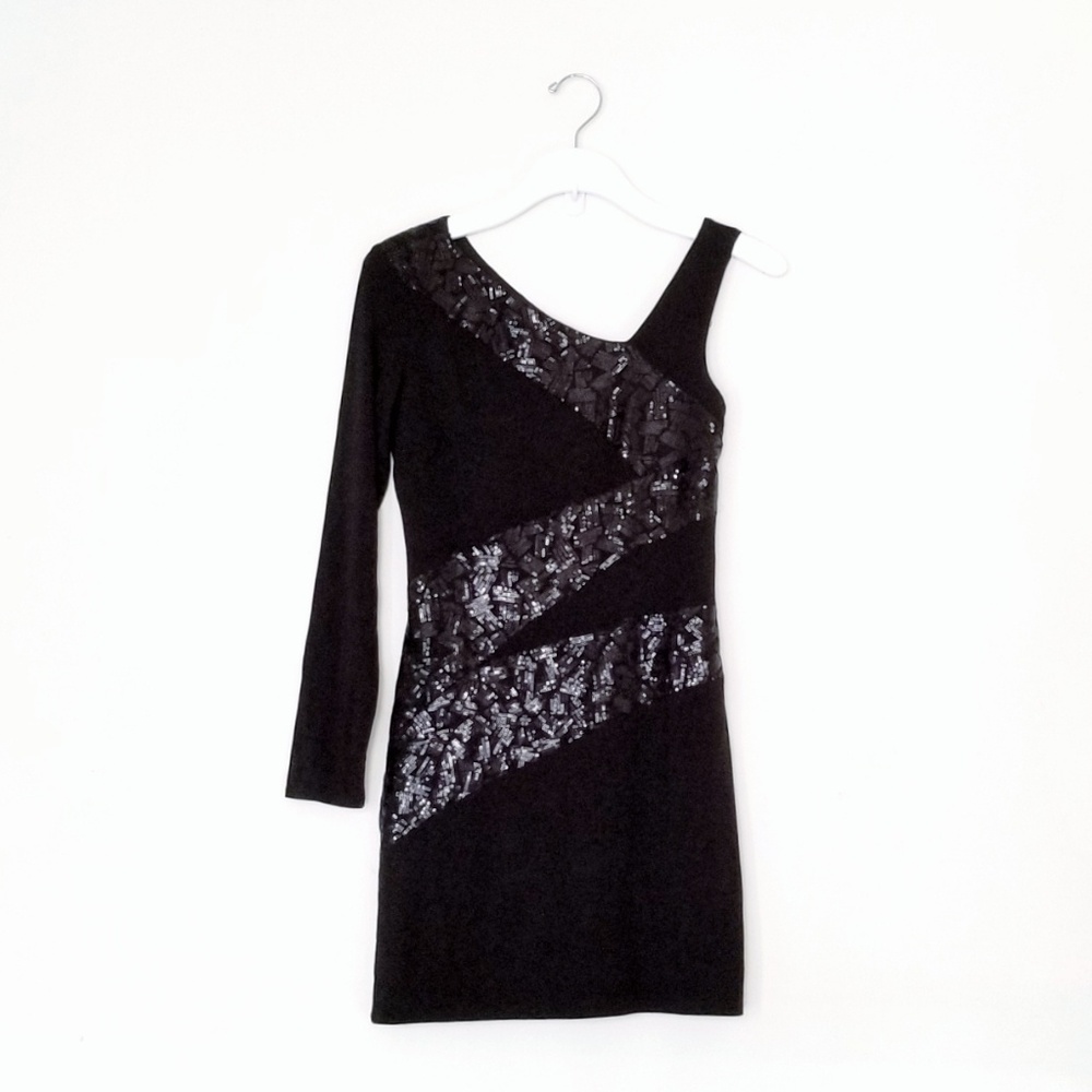 Asymmetrical Sequined Evening Mini Dress